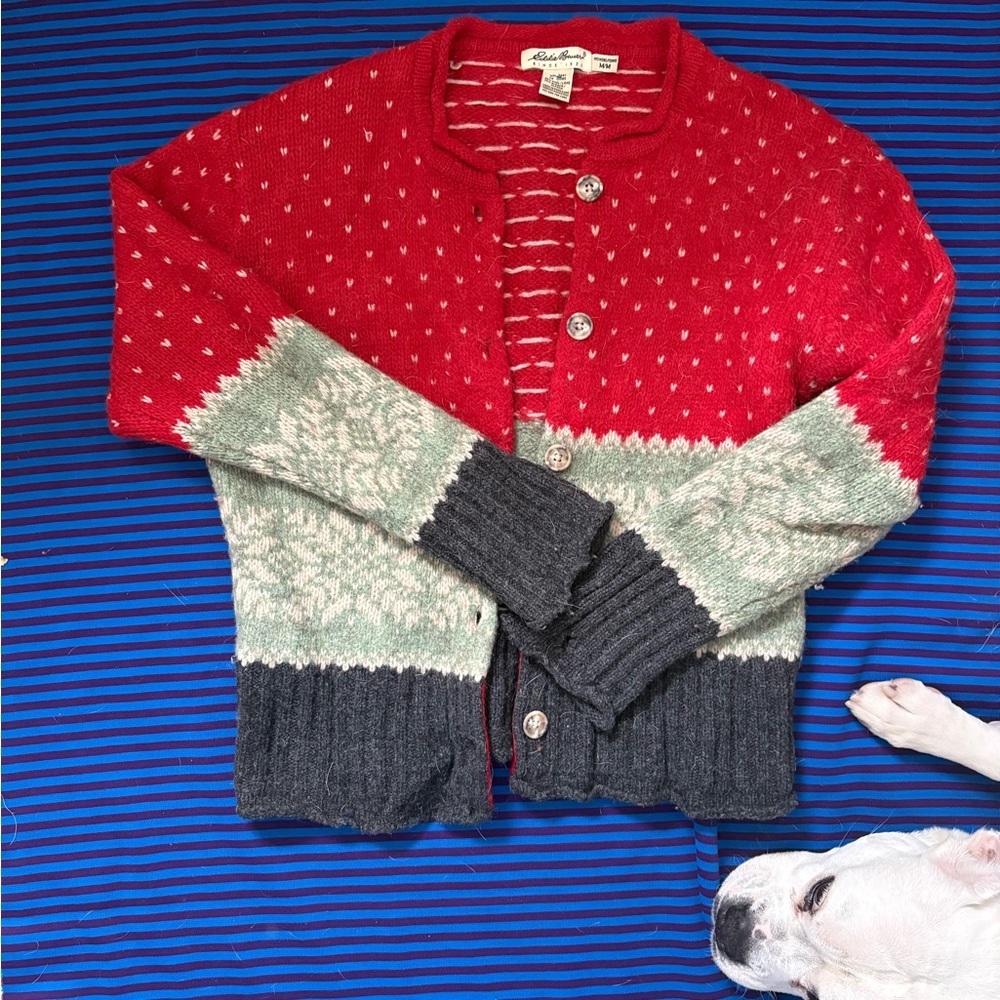 Red and green knit cardigan